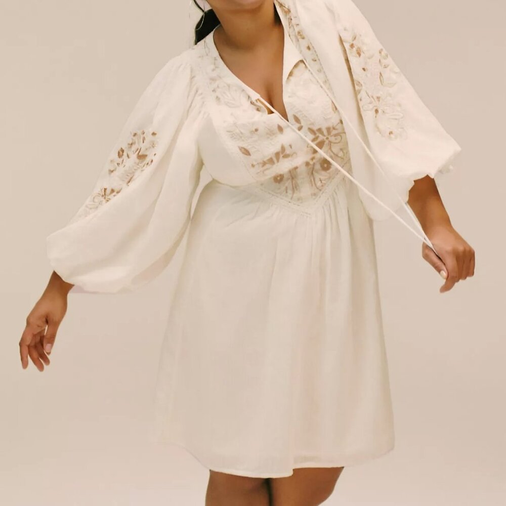 Anthropologie White Floral Embroidered Mini Dress